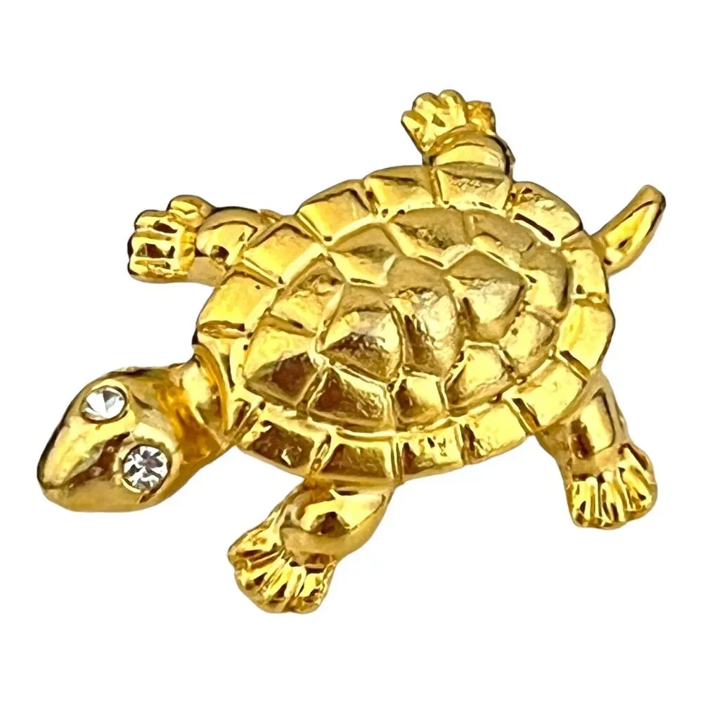 Vintage 1980s Turtle Tac Pin Rhinestone Eyes Gold Tone Figural - 5K